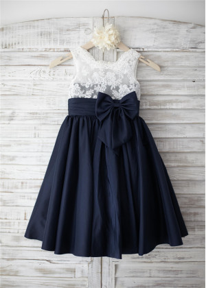 Navy Blue Taffeta Ivory Lace V Back Knee Length Flower Girl Dress